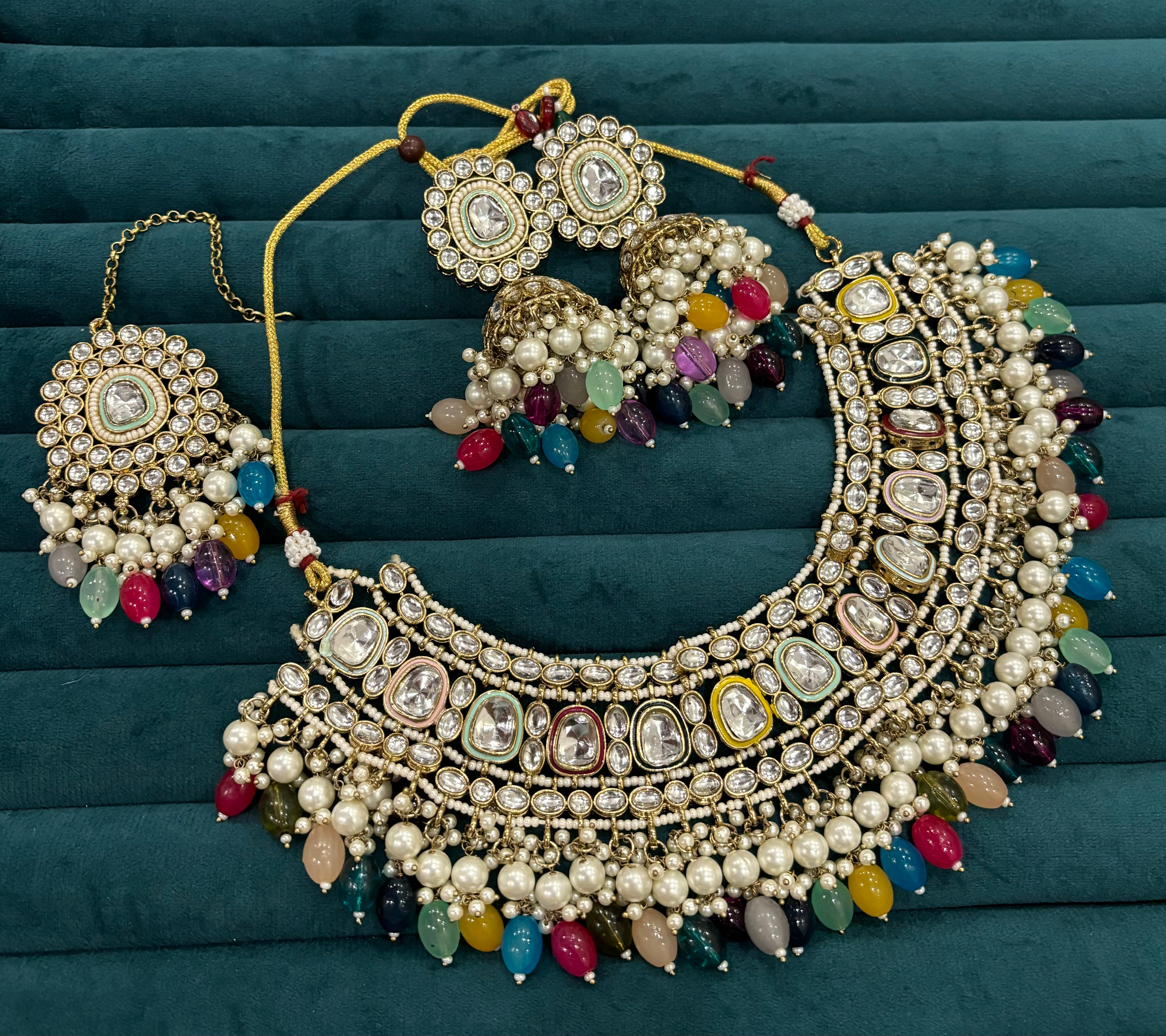 Multi Coloured Heavy Look Choker Set With Mang Tikka & Jhumkas