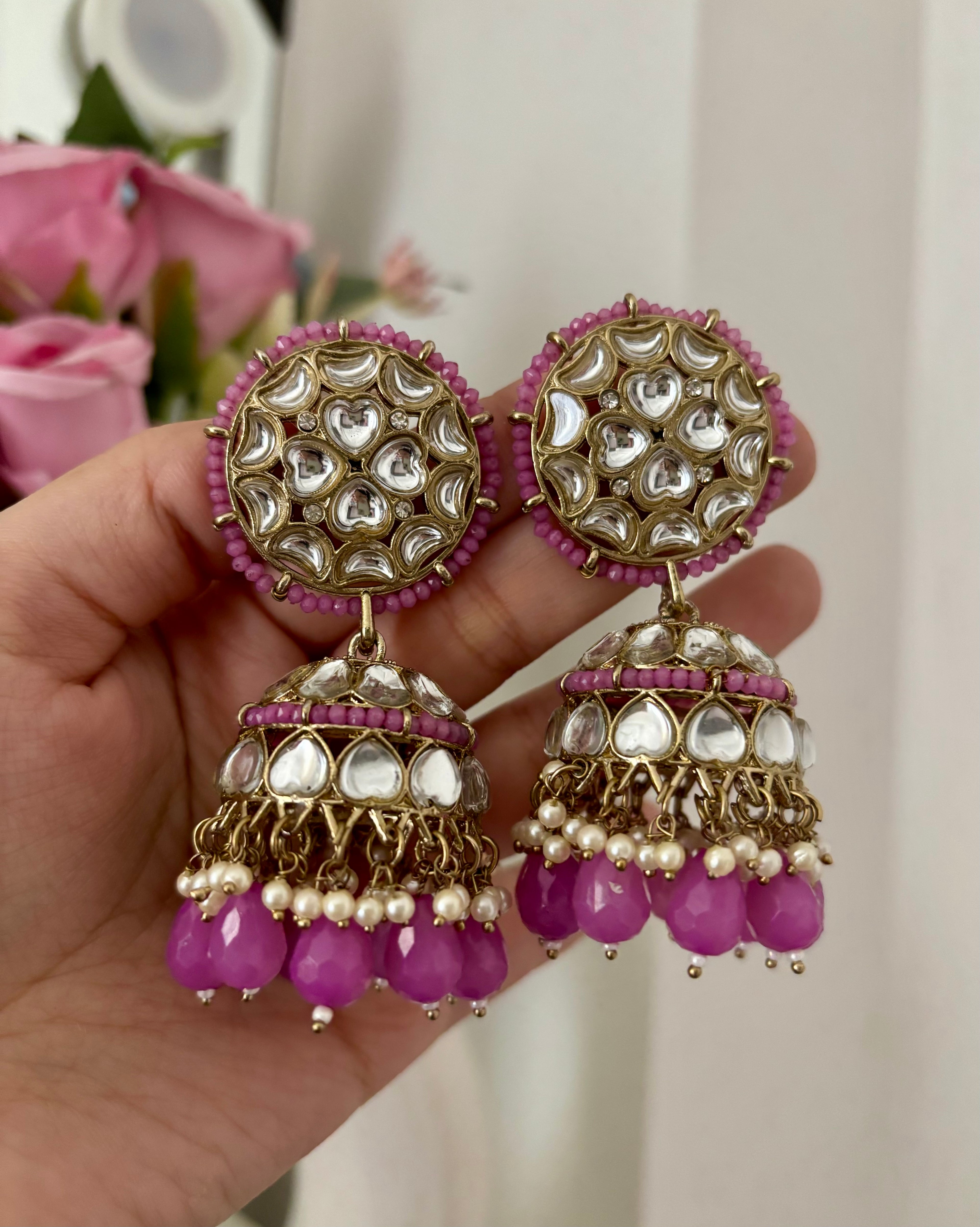 Lavender Kundan Cut Jhumkas