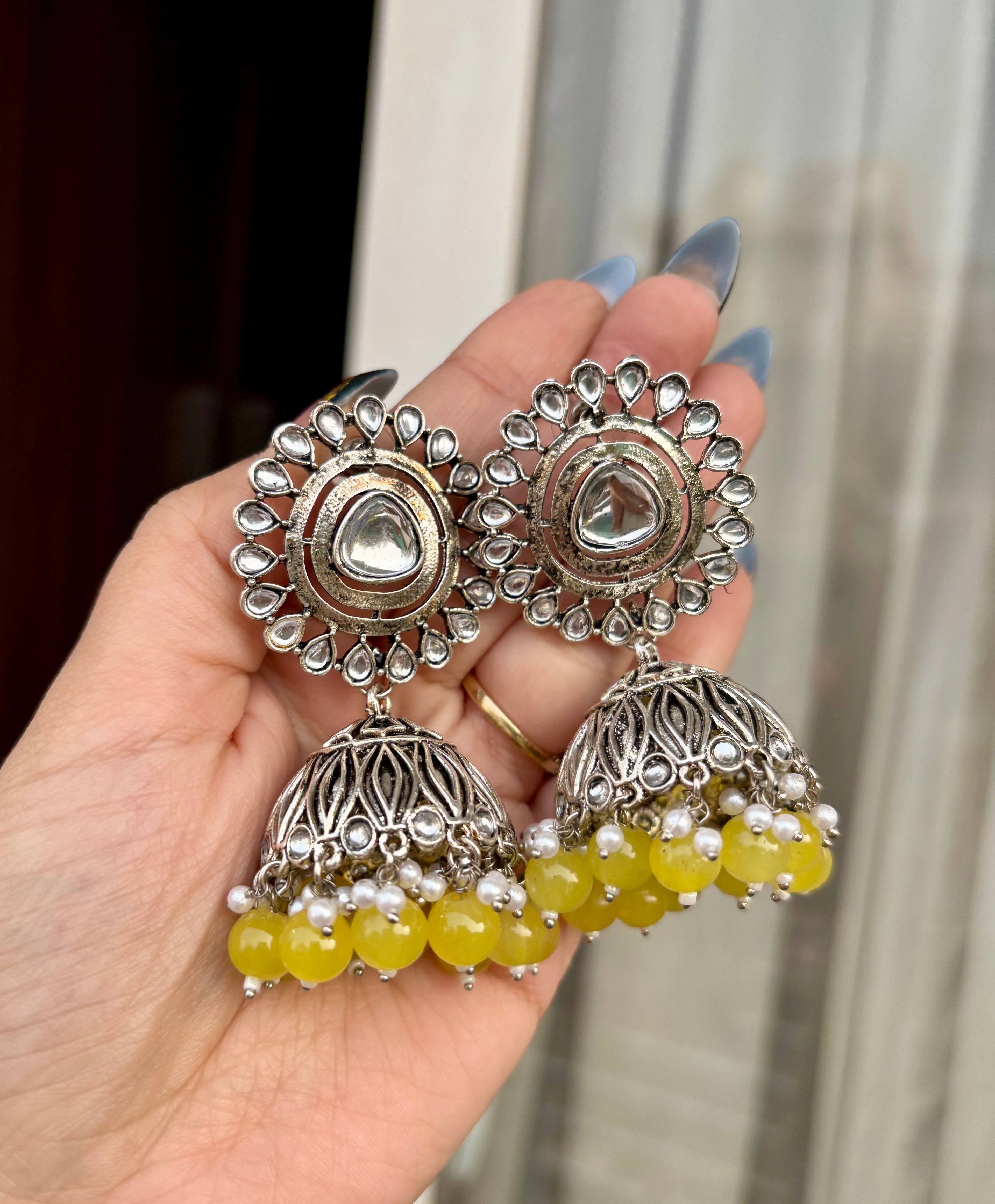 Yellow Flower Silver Jhumkas