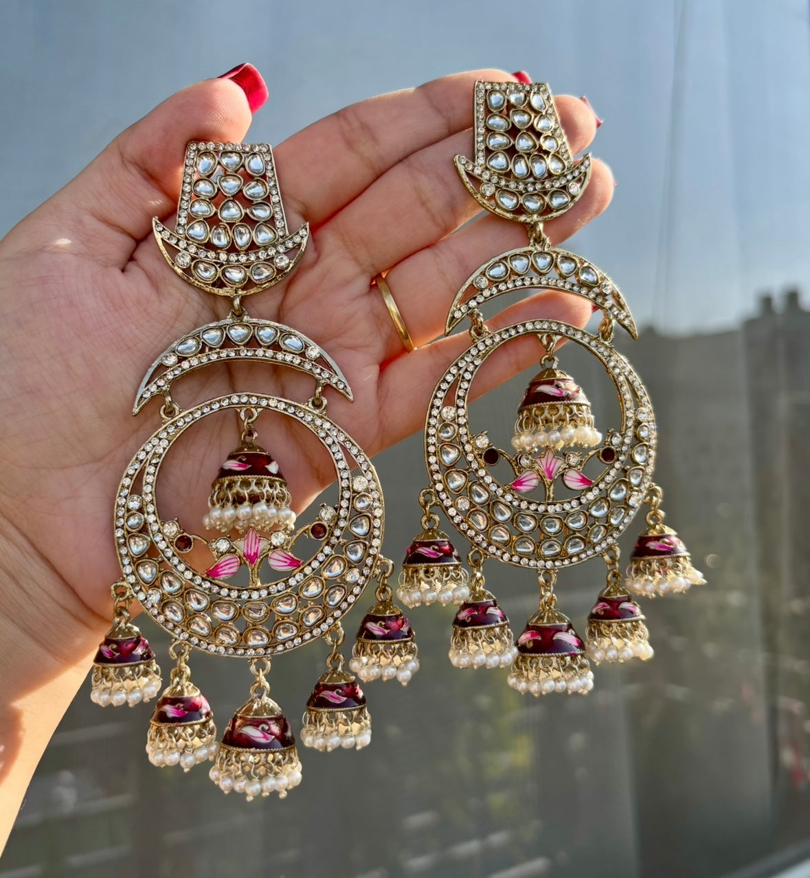 Meena Chandbali Long Earrings (Maroon)