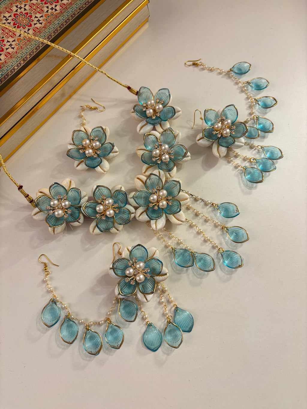 Rose Petal & Mogra Touch Necklace With Mang Tikka & Earrings With Side Layers (Blue)