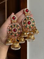 Ritika Round Kashmiri Jhumkas With Detachable Earchain (Ruby/Green)