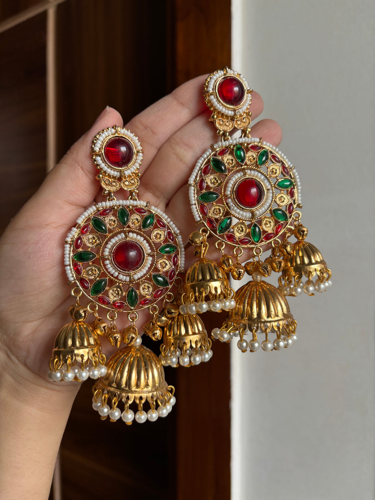 Ritika Round Kashmiri Jhumkas With Detachable Earchain (Ruby/Green)