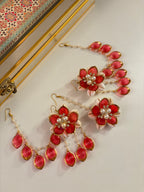 Rose Petal & Mogra Touch Necklace With Mang Tikka & Earrings With Side Layers (Red)