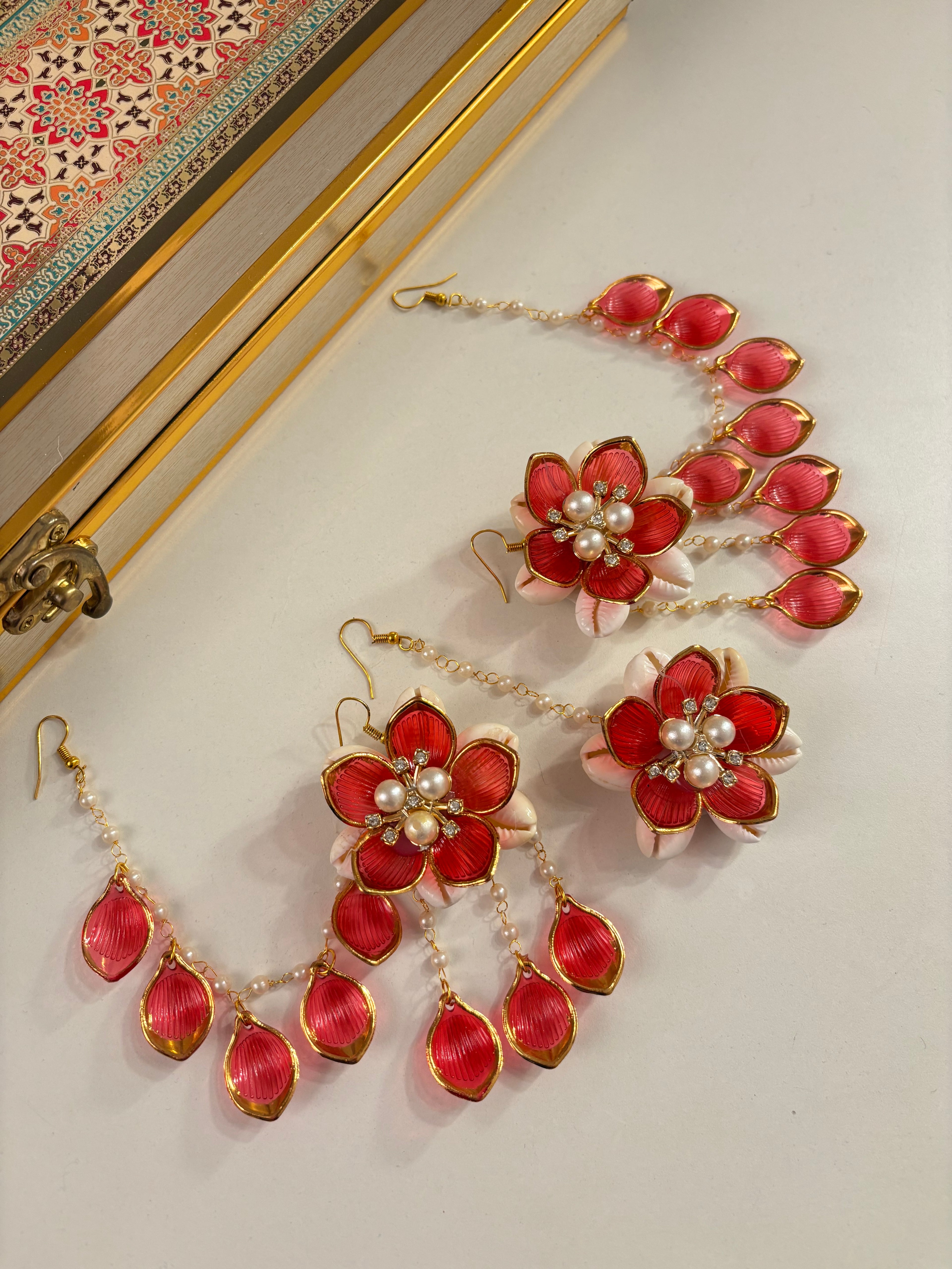 Rose Petal & Mogra Touch Necklace With Mang Tikka & Earrings With Side Layers (Red)