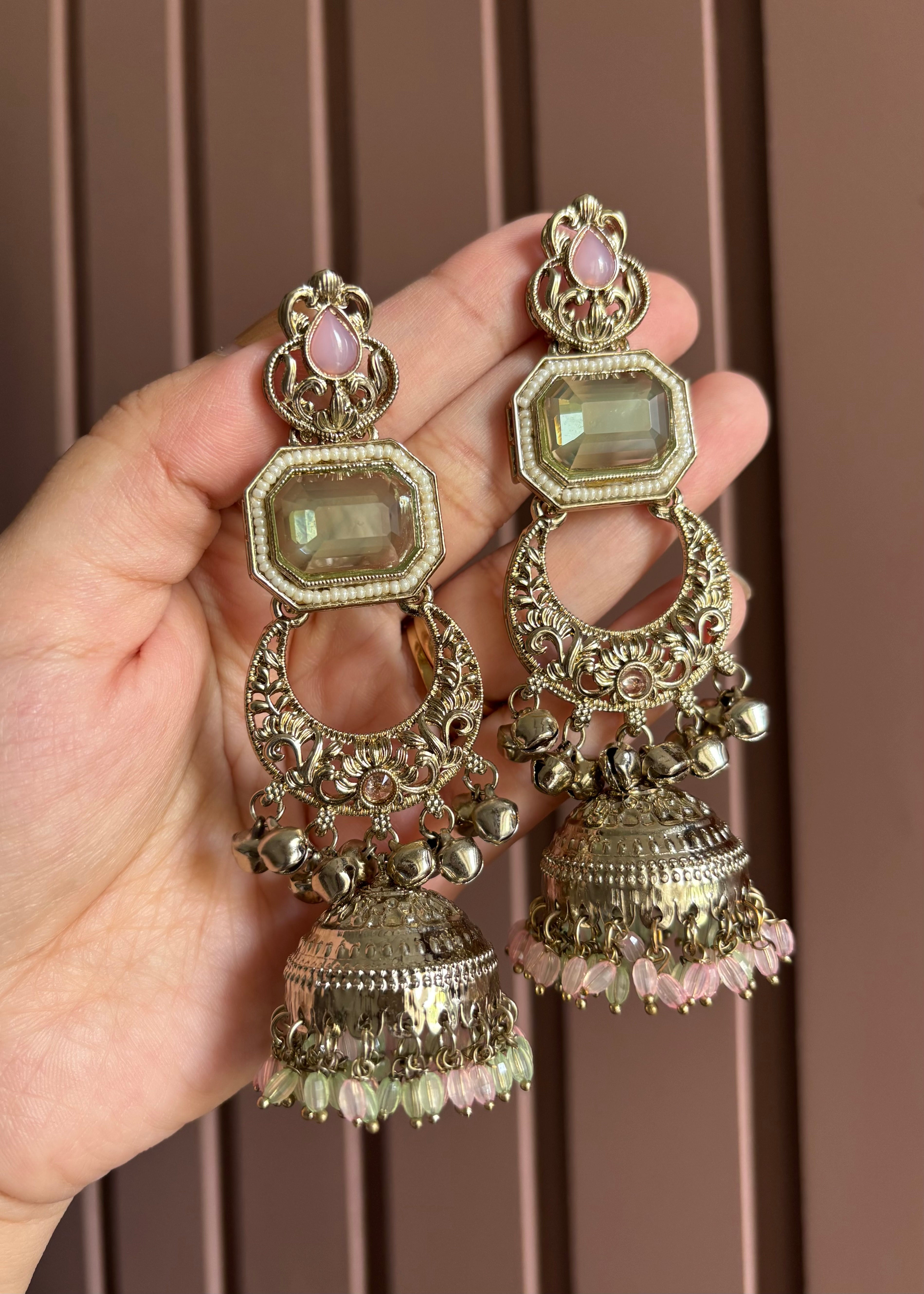 Brass Chandbali Jhumkas (Pink/Mint)