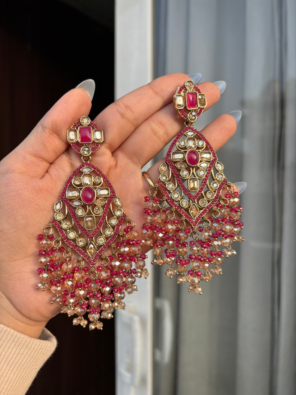 High Quality Designer Crystal Beads Work Long Earrings