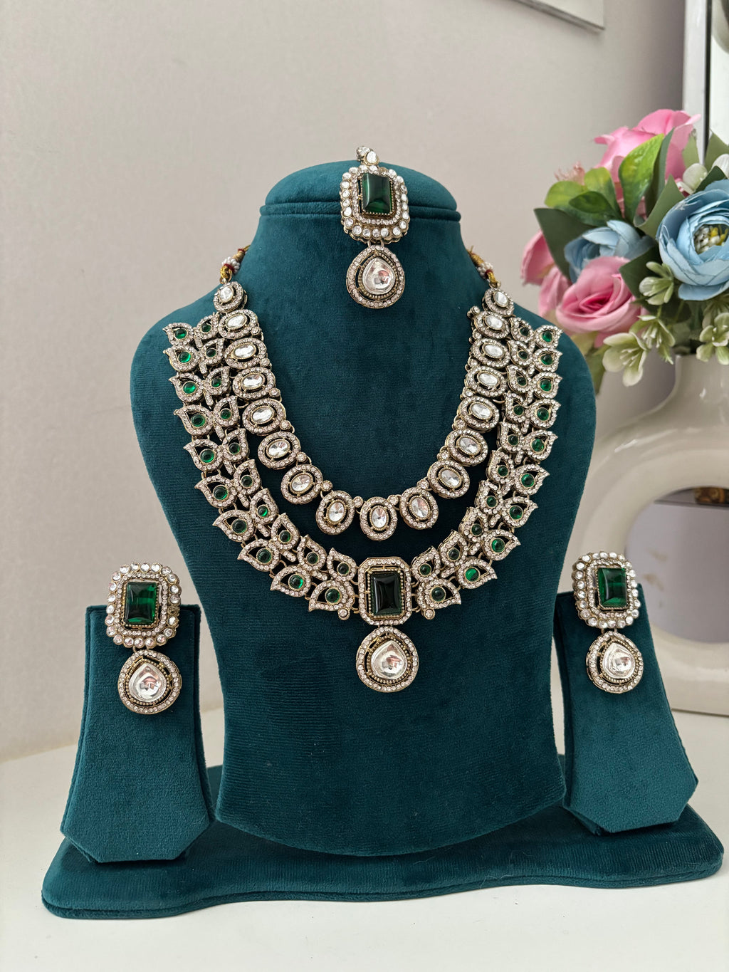 High Quality Designer Victorian Double Layer Necklace With Mang Tikka & Earrings (Green)