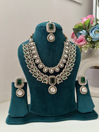 High Quality Designer Victorian Double Layer Necklace With Mang Tikka & Earrings (Green)
