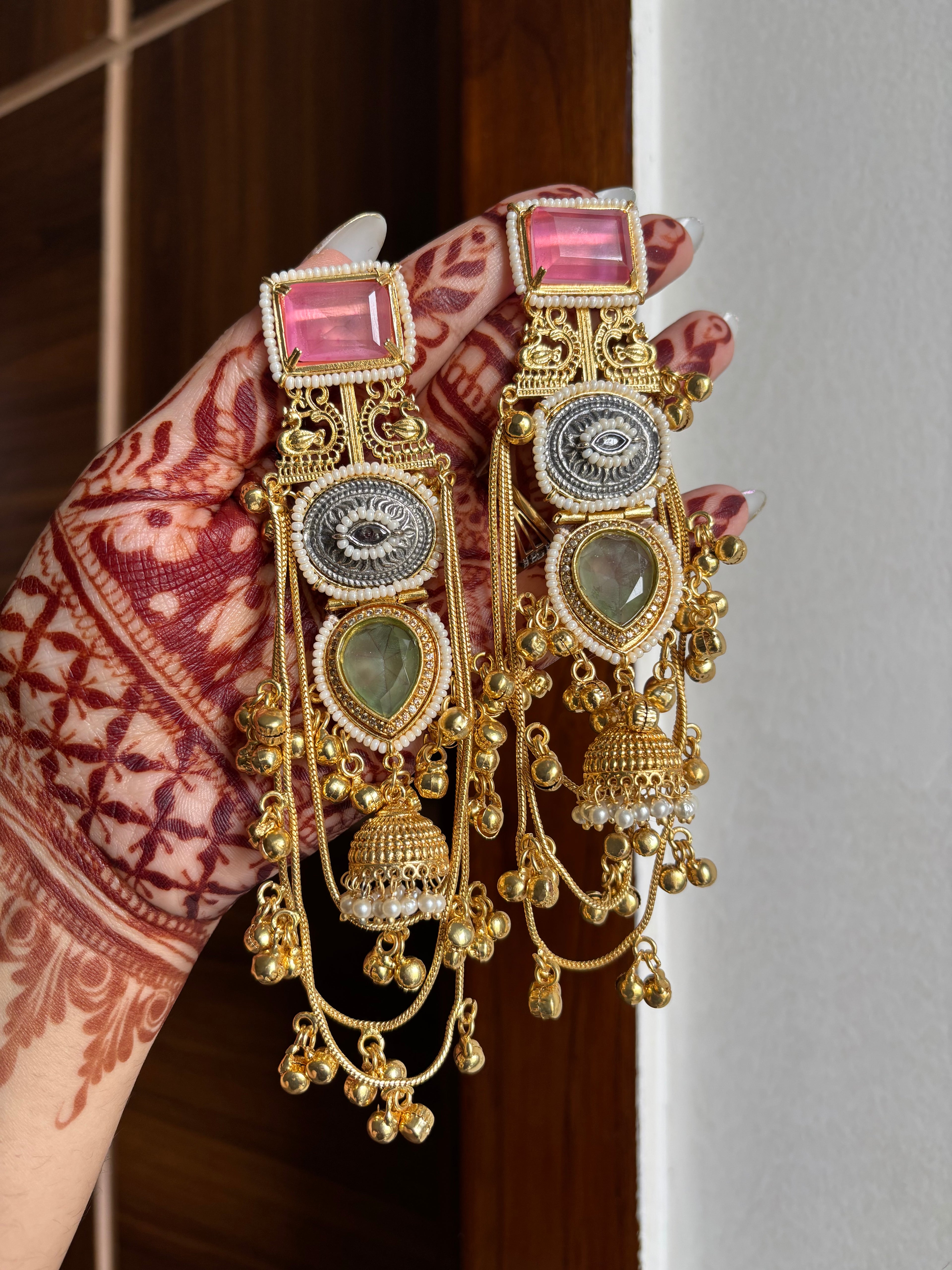 Zeena Kashmiri Long Earrings (Pink/Mint)