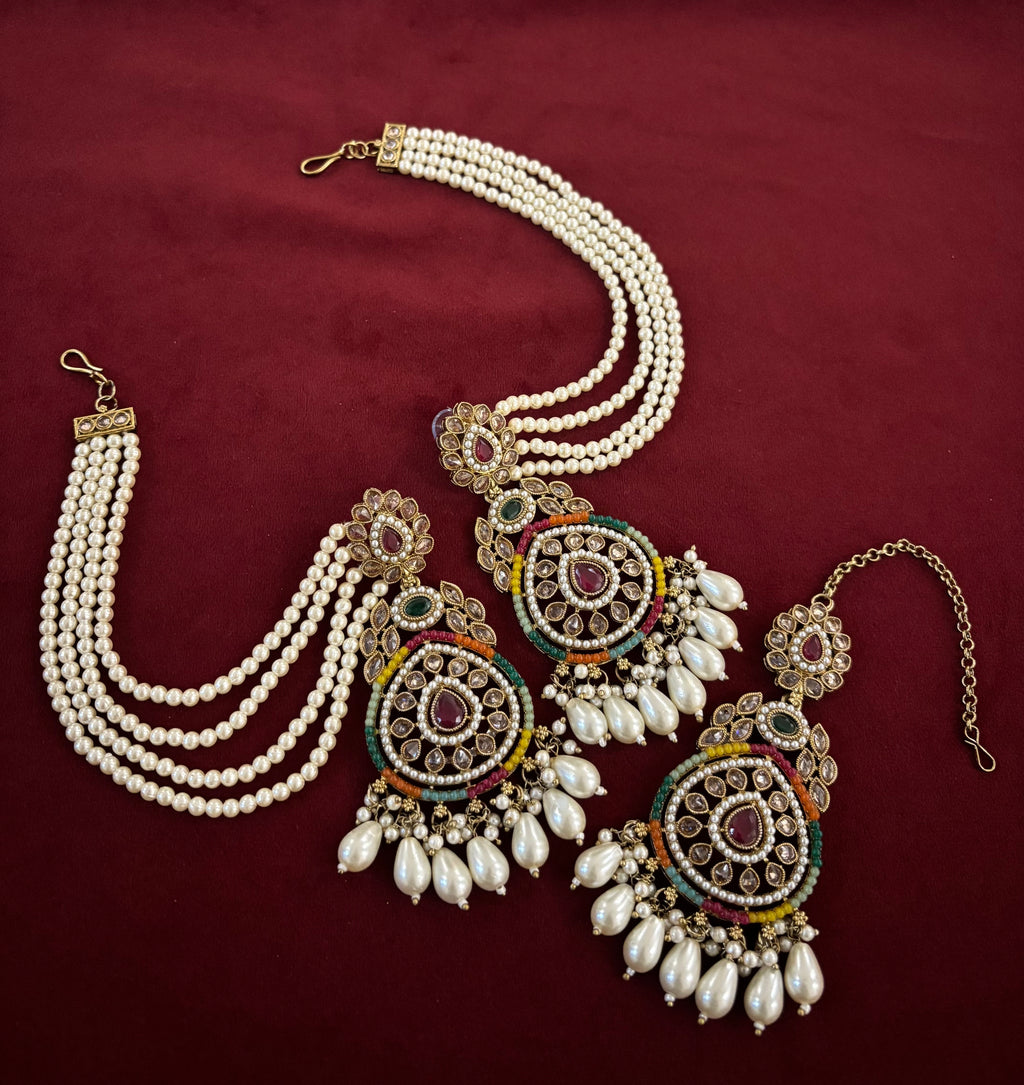 Leena High Quality Designer Jadau Multi Mang Tikka With Earrings In Layers With Side Layers