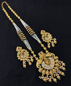 High Quality Designer Ganesha Long Temple Haar With Earrings ( Ruby & Emerald Mix )