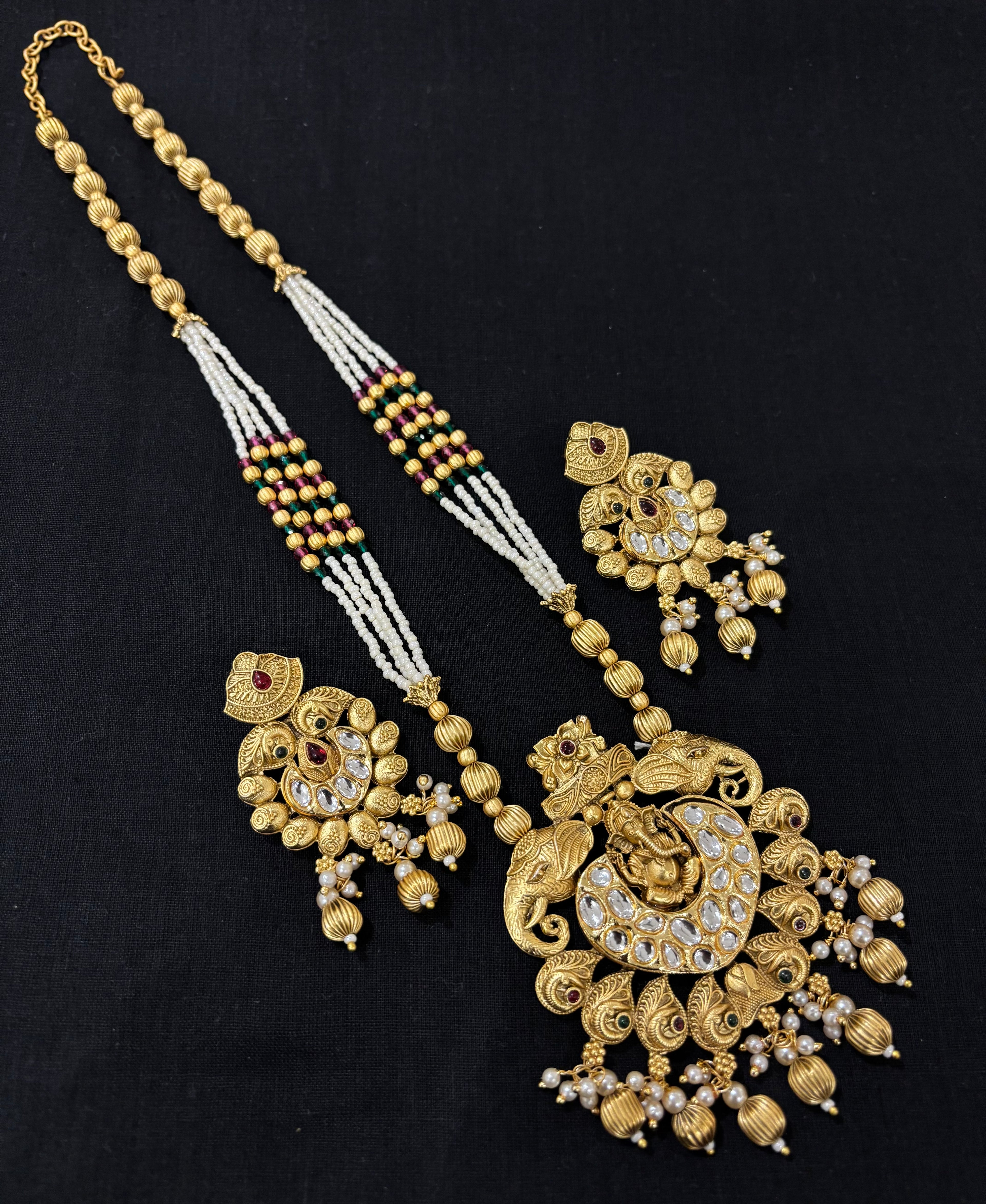 High Quality Designer Ganesha Long Temple Haar With Earrings ( Ruby & Emerald Mix )