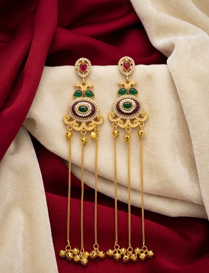 Kareena Kashmiri Long Layer Earrings (Ruby Emerald)