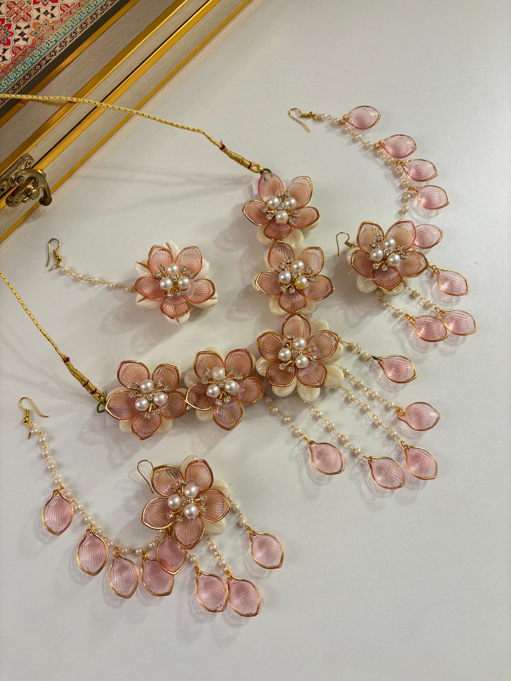 Rose Petal & Mogra Touch Necklace With Mang Tikka & Earrings With Side Layers (Pink)