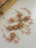 Rose Petal & Mogra Touch Necklace With Mang Tikka & Earrings With Side Layers (Pink)