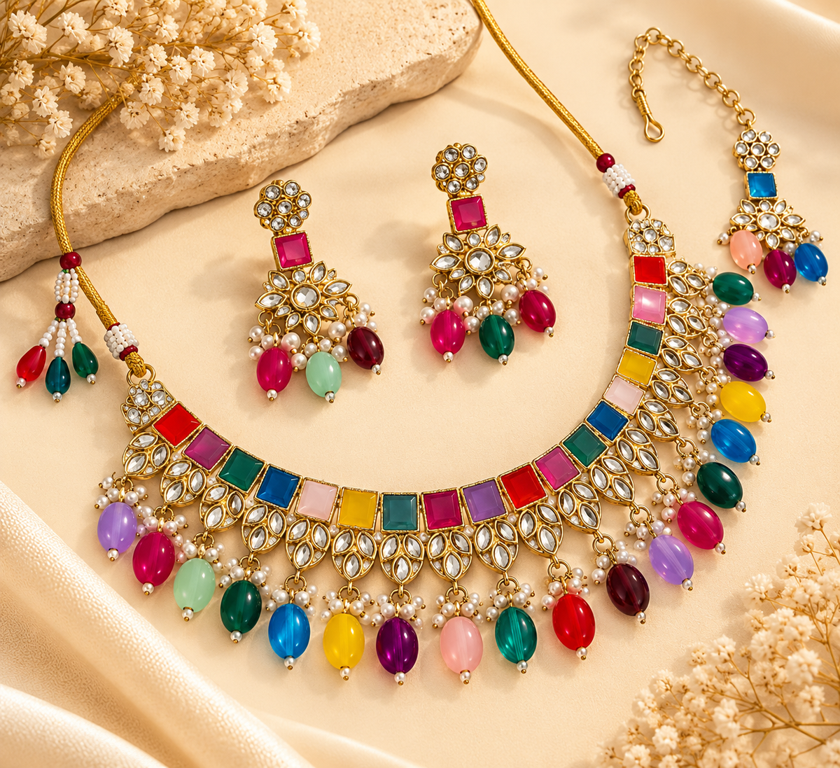 Multi Sleek Necklace With Mang Tikka With Jhumkas