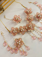 Rose Petal & Mogra Touch Necklace With Mang Tikka & Earrings With Side Layers (Pink)
