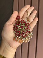 High Quality Designer Jadau Oversized Mang Tikka With Earrings ( Dark Pink )