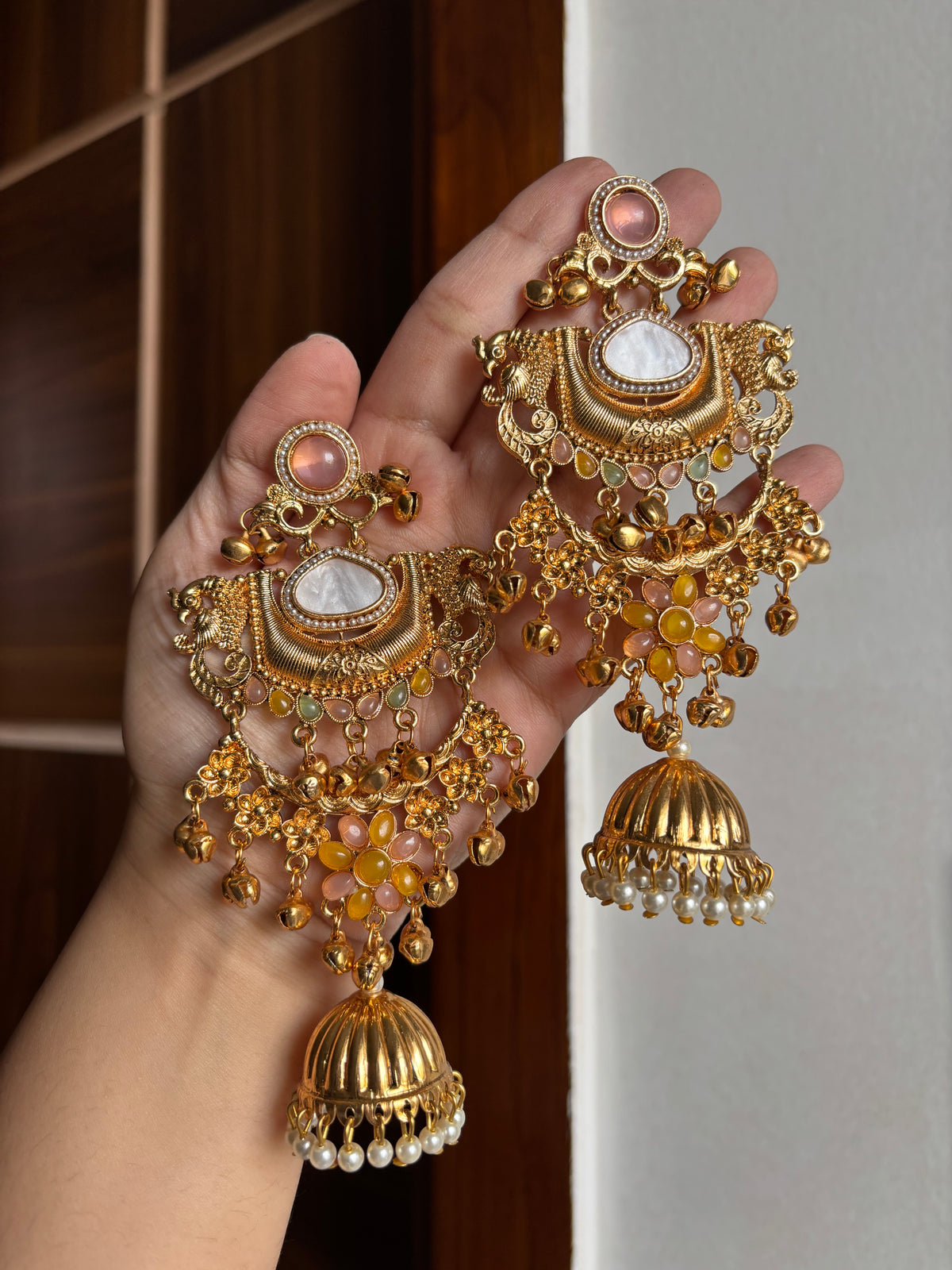 Taashi Long Kashmiri Earrings With Detachable Earchain (Pastel Shade)