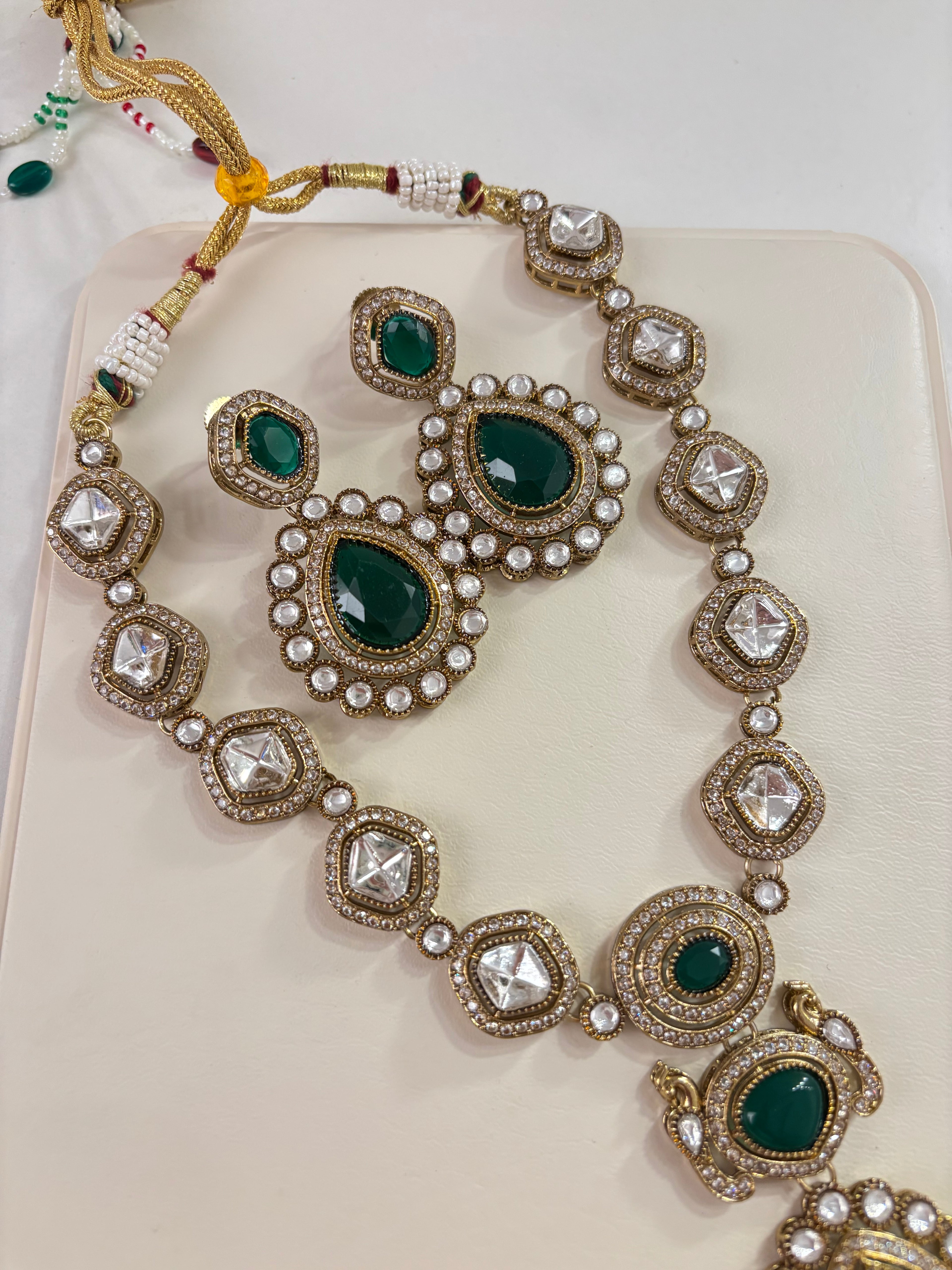 Premium Long Moissanite Necklace With Earrings (Emerald)