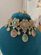 Princess Jasmine Turkish Necklace With Mang Tikka & Earrings (Pink & Mint)