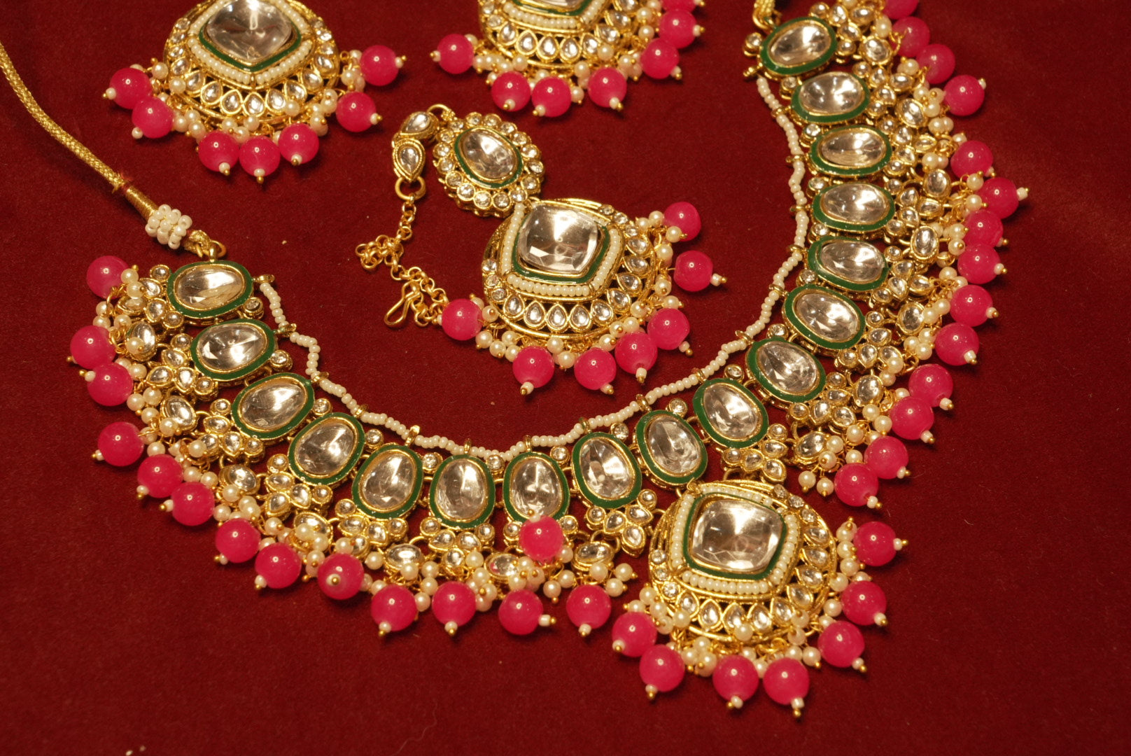 Dark Pink Kundan Dupe Necklace With Mang Tikka & Earrings