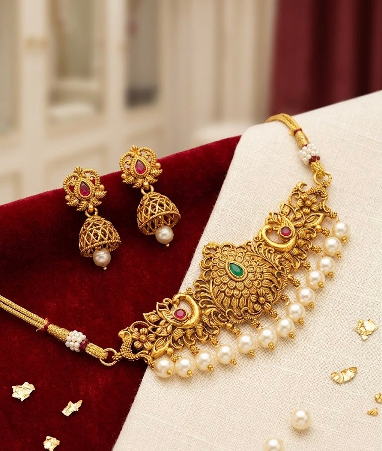 Gold Look Like Choker Necklace With Jhumkas Design-2