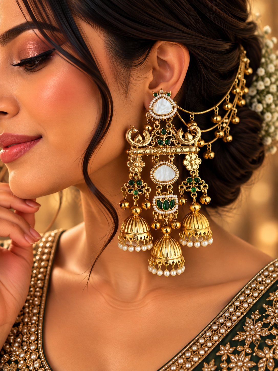 Avni Kashmiri Long Earrings With Detachable Earchain (Green)