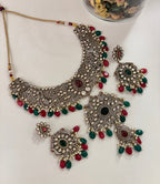 Premium Heavy Look Royal Necklace With Earrings (Maroon/Emerald)