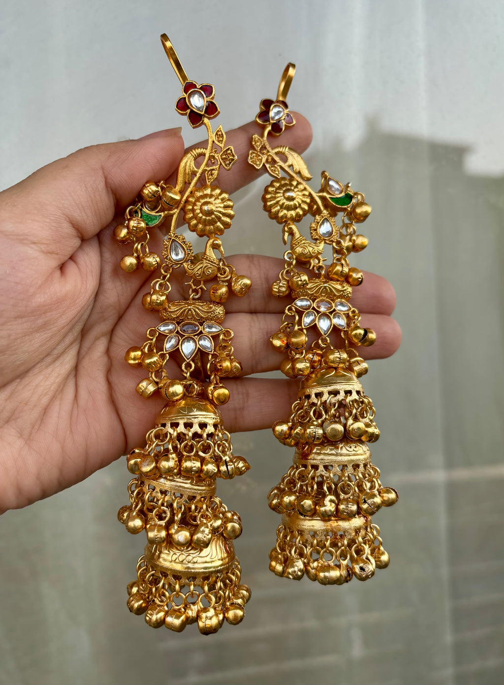 Jasso Red & Green Combination Kashmiri Earcuff With 3 Layers Jhumkas