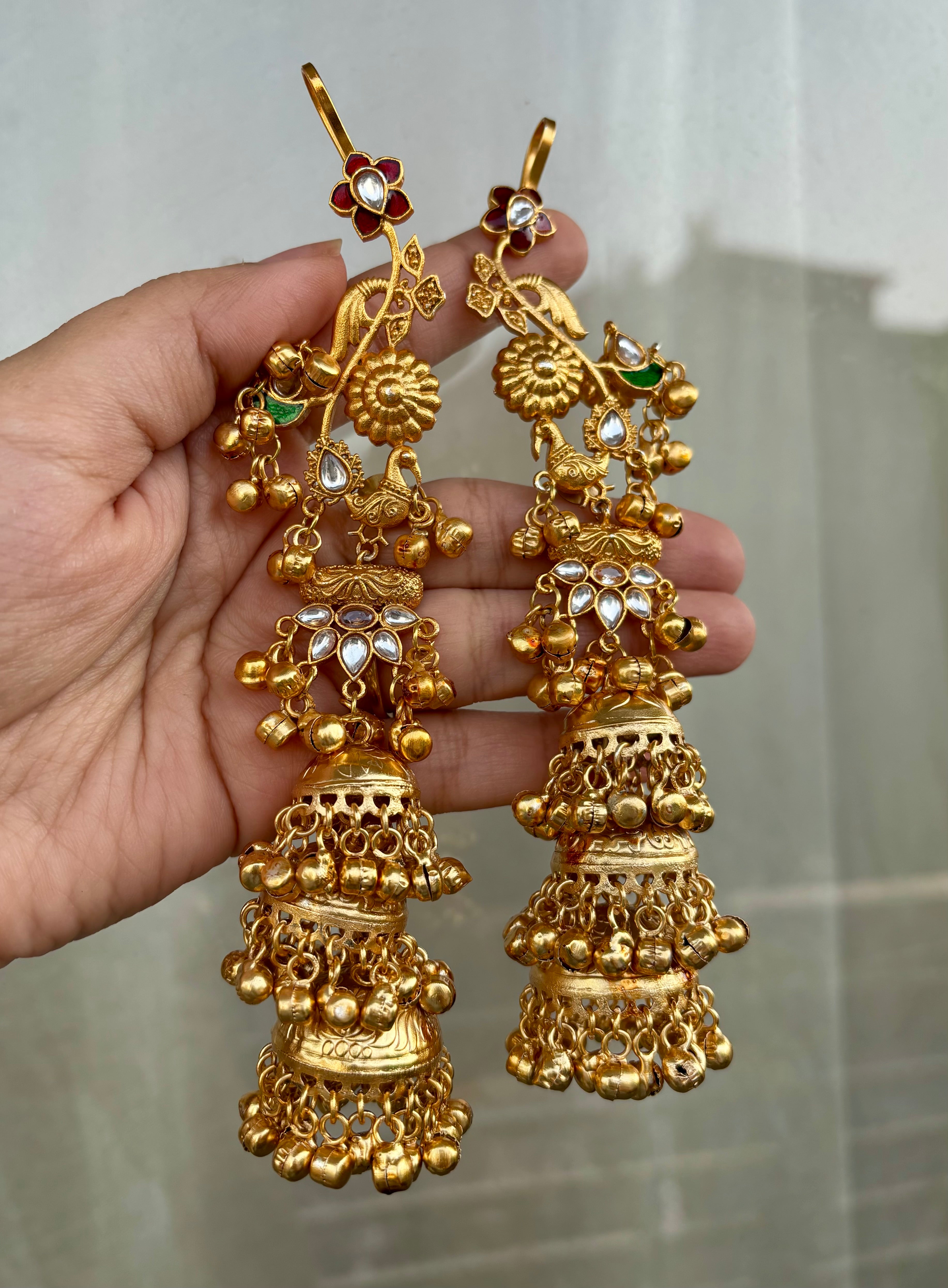 Jasso Red & Green Combination Kashmiri Earcuff With 3 Layers Jhumkas