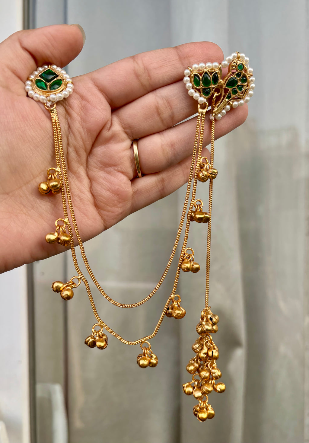 Green Bird Kashmiri Earrings With Side Layers