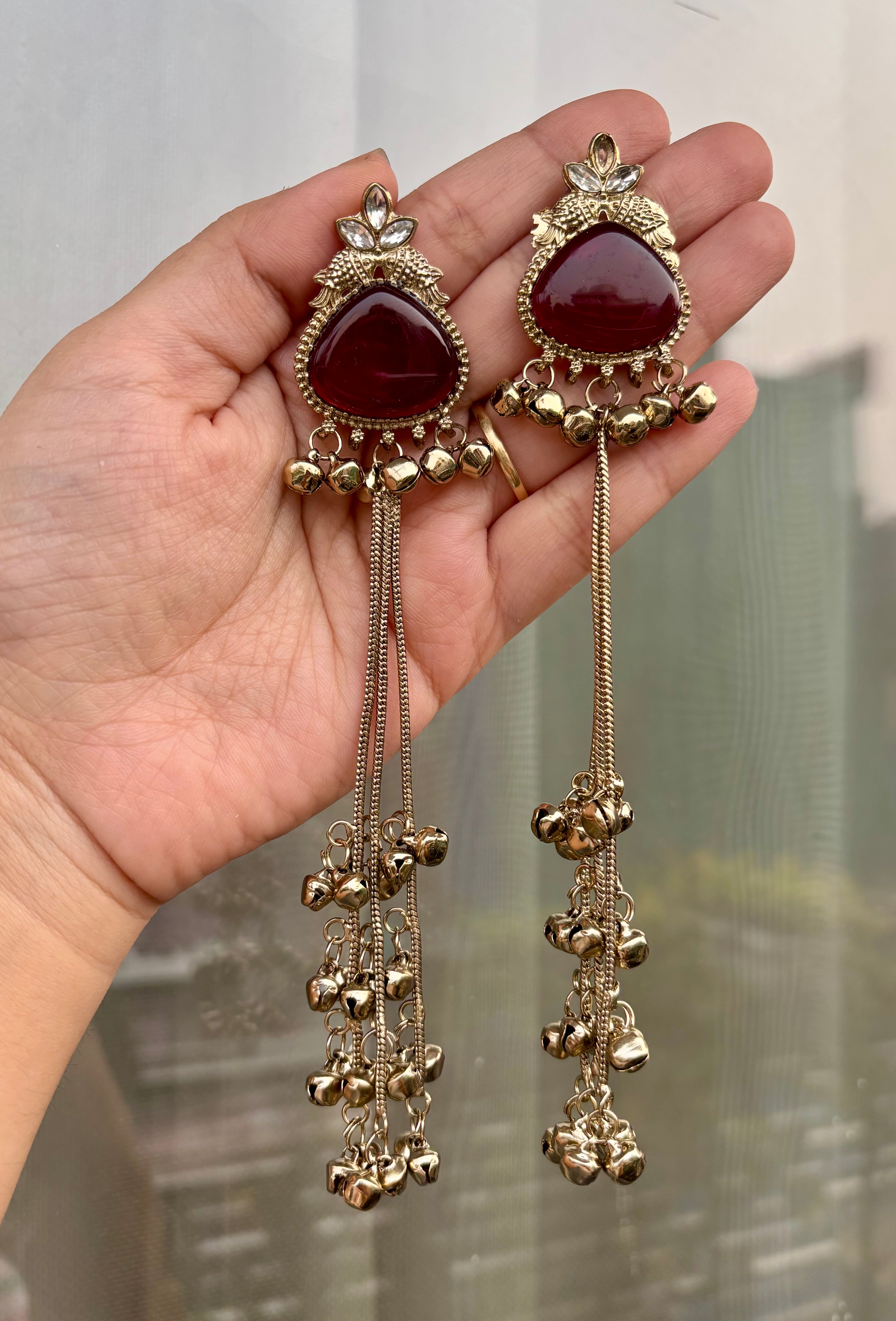 Dark Maroon Kashmiri Earrings In Mehandi Polish