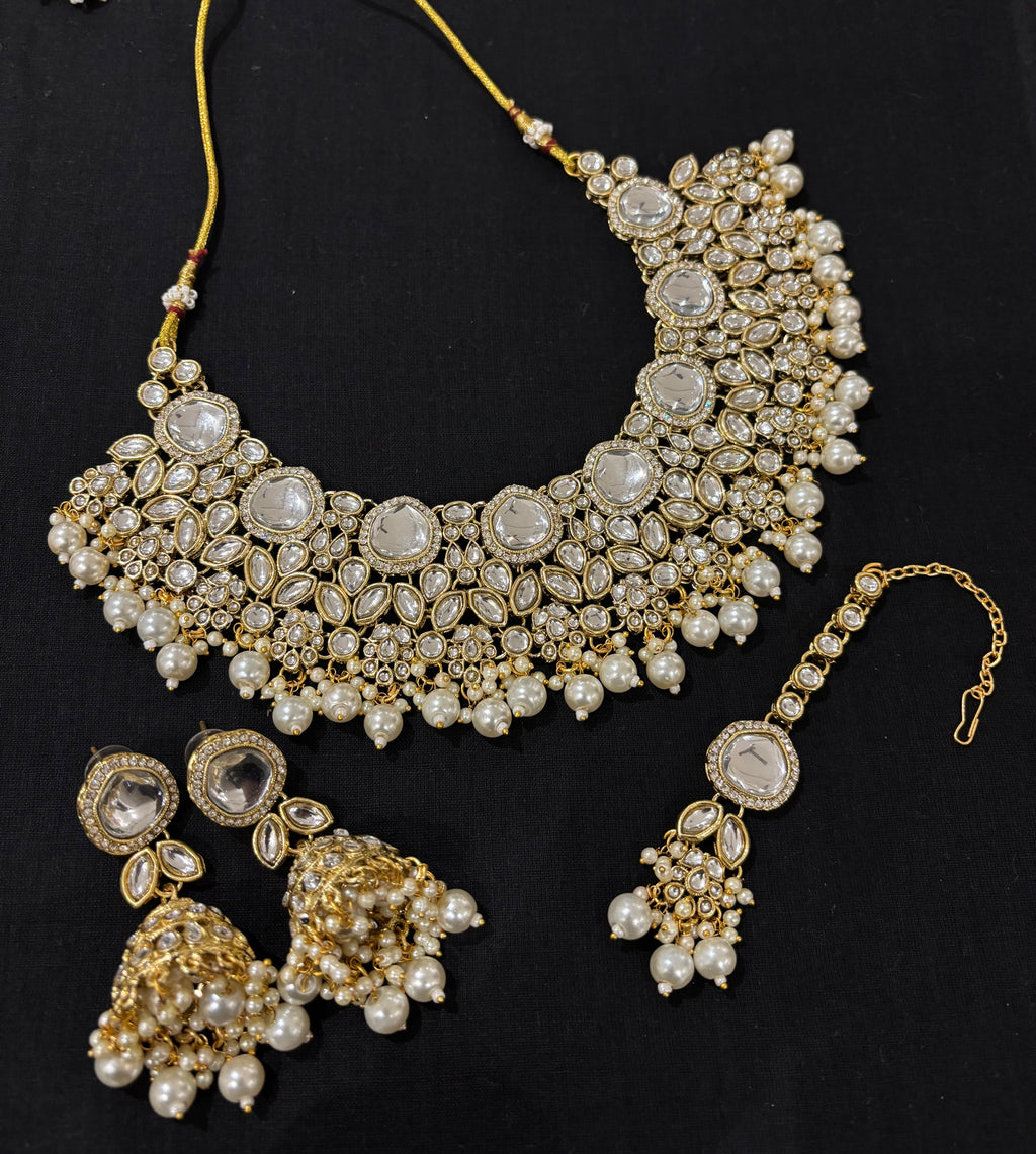 Aman Kundan Heavy Look Necklace With Mang Tikka & Jhumkas ( White Pearls )