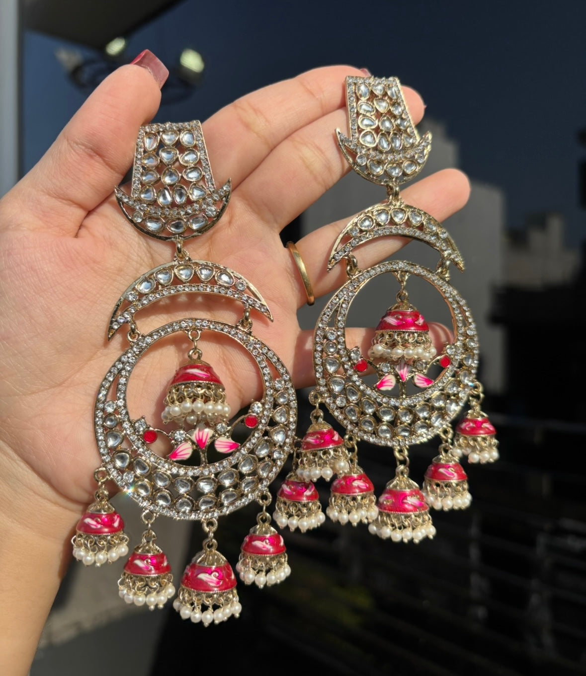 Meena Chandbali Long Earrings (Hot Pink)
