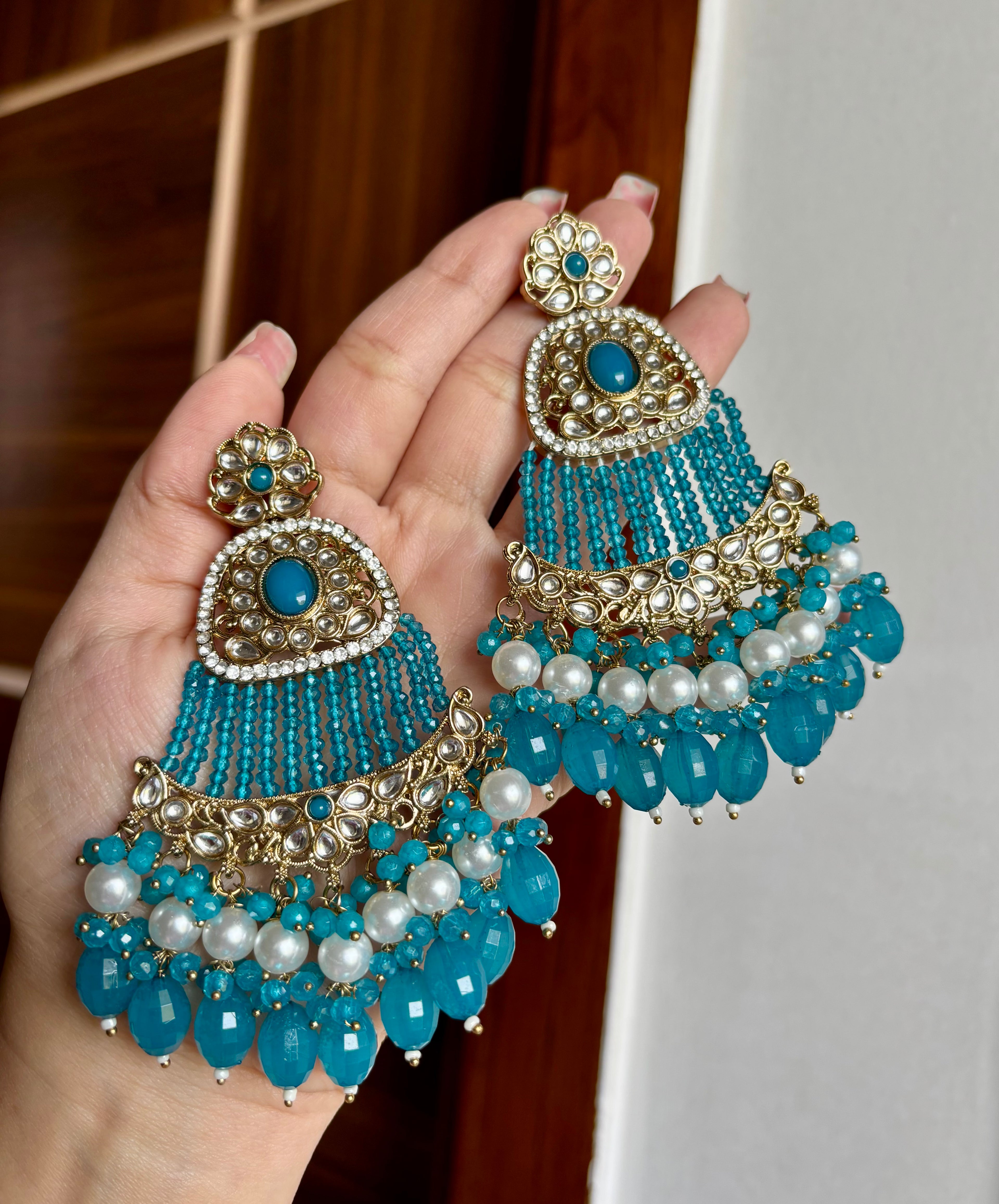 High Quality Designer Mughal Long Earrings (Teal Blue)