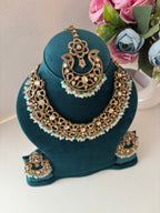Navida Classy Necklace With Mang Tikka & Chandbali Earrings (Pink & Mint)