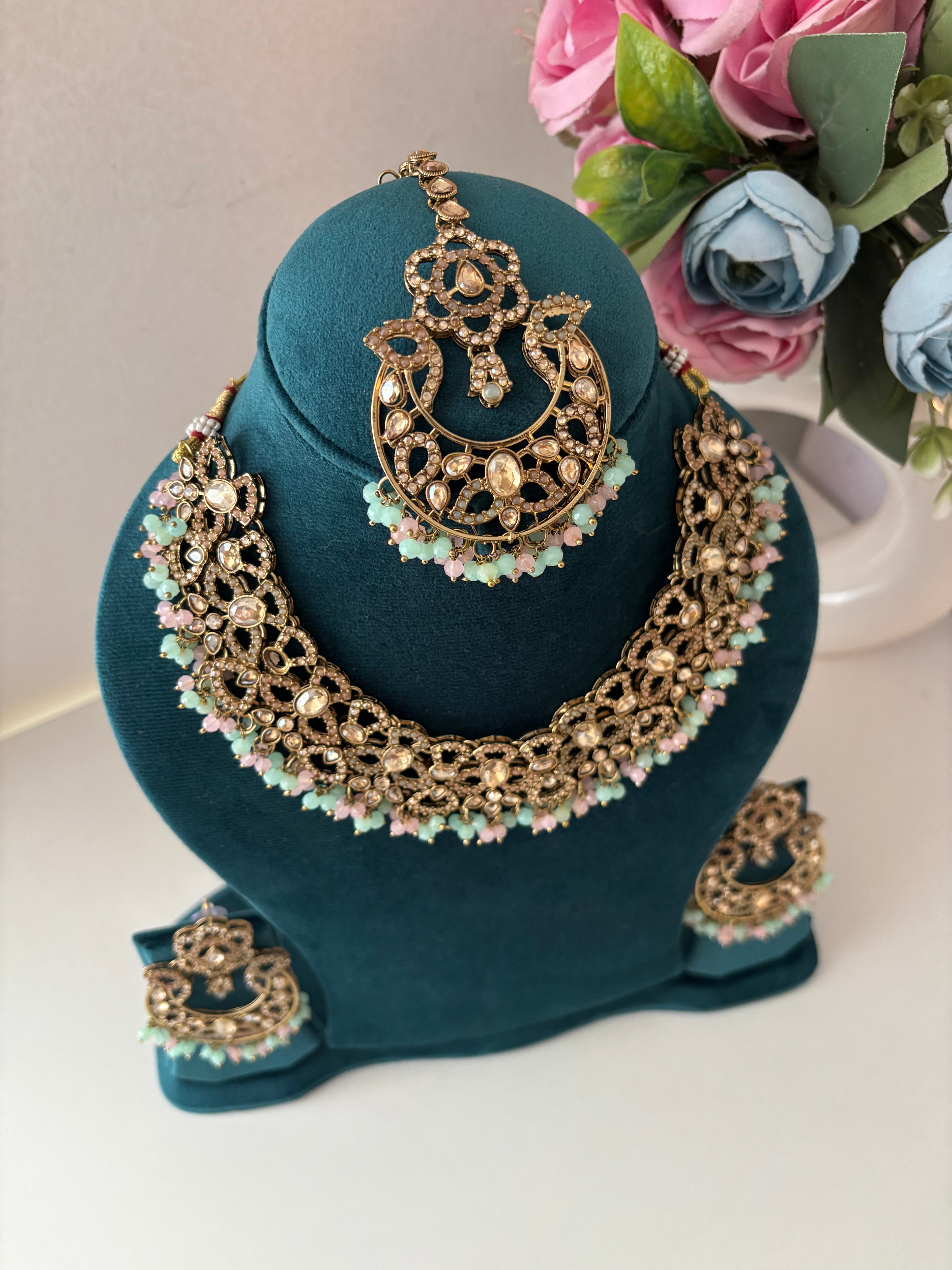 Navida Classy Necklace With Mang Tikka & Chandbali Earrings (Pink & Mint)