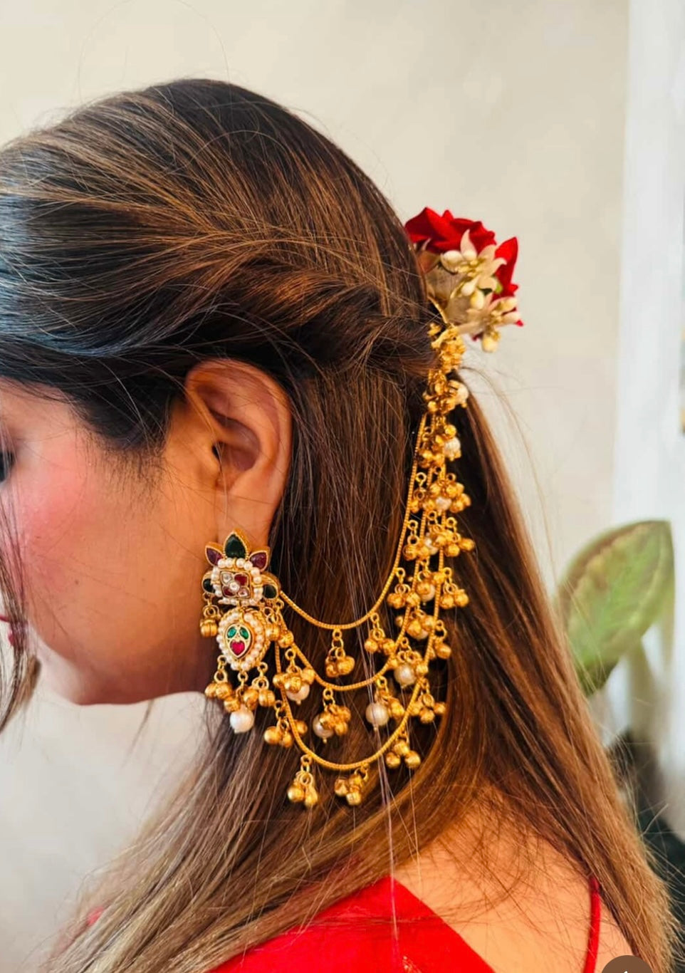 Pachi Kundan Brass Kashmiri Earrings With 3 Layer Side Earchain