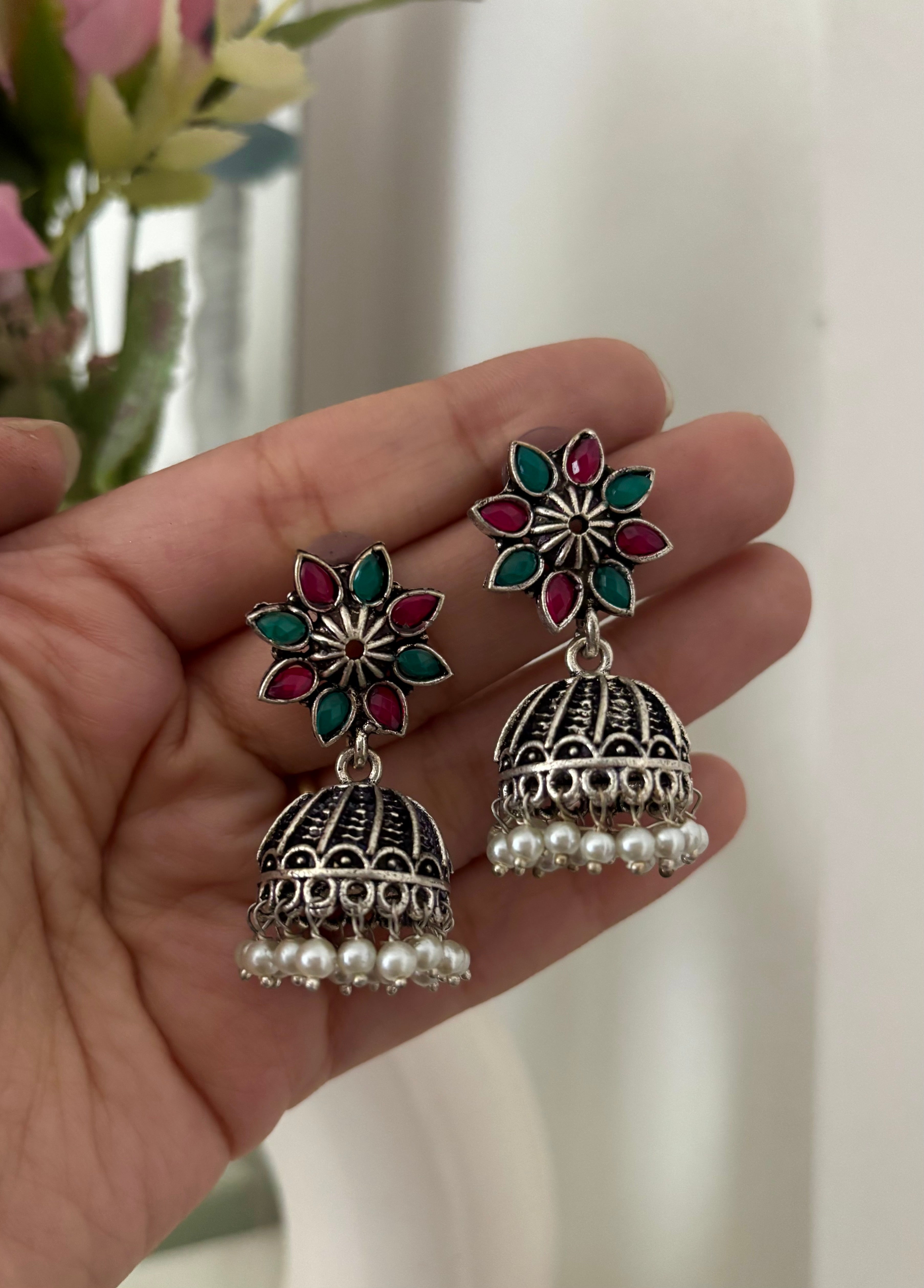 Ruby & Green Mix German Silver Jhumki