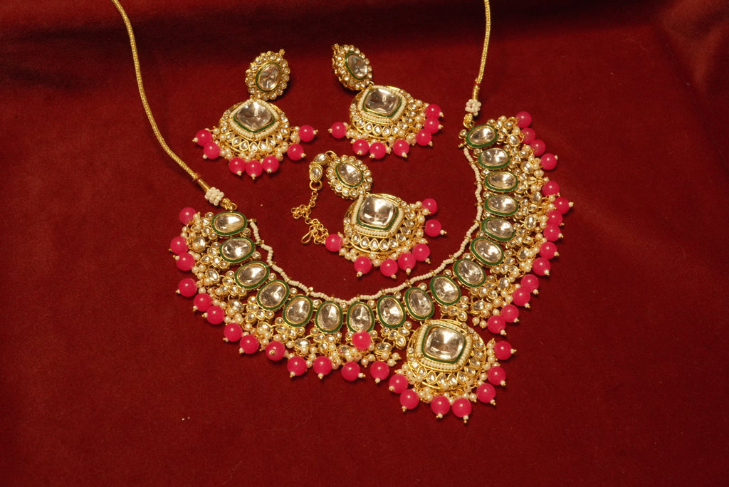 Dark Pink Kundan Dupe Necklace With Mang Tikka & Earrings