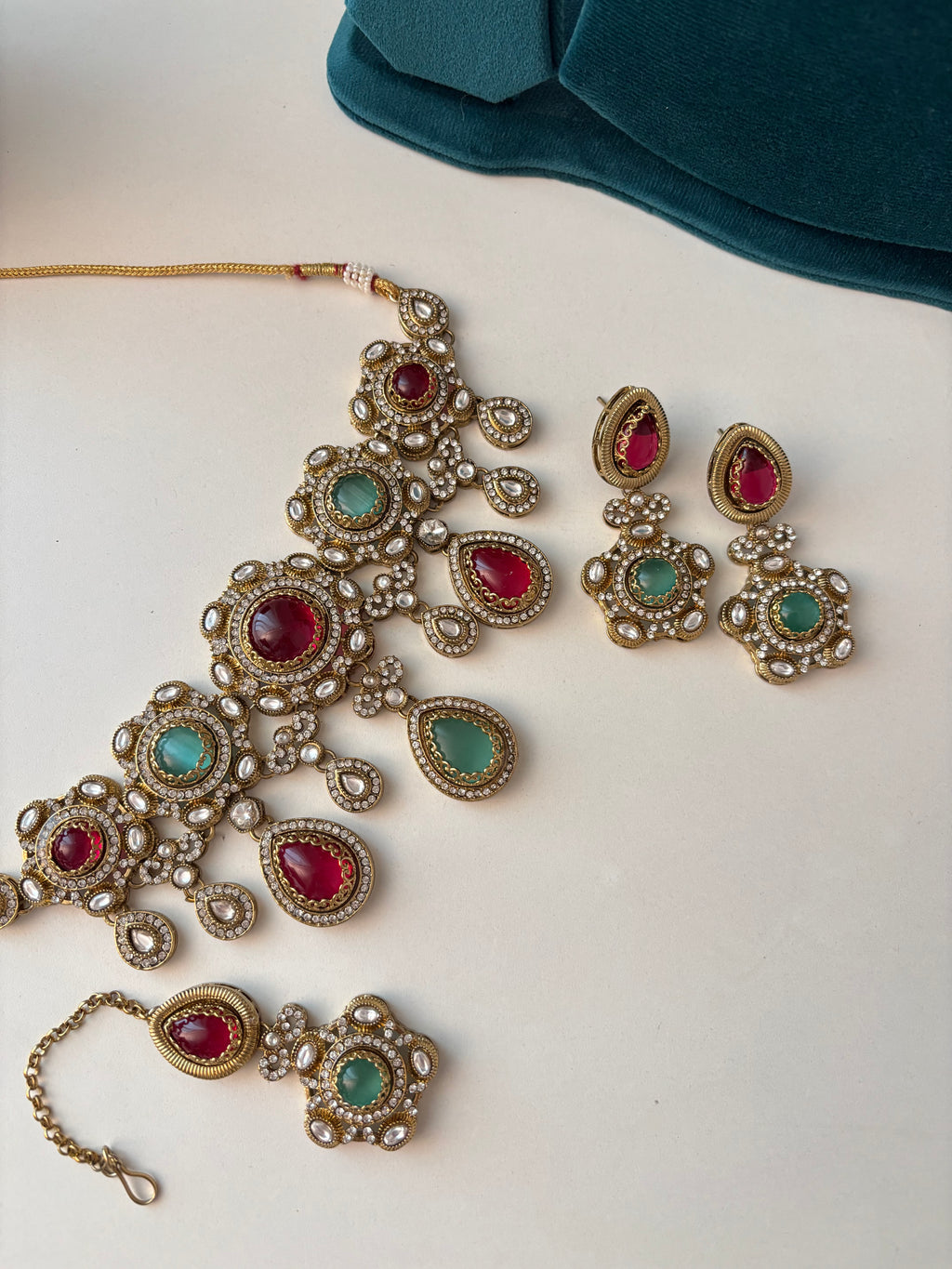 Princess Jasmine Turkish Necklace With Mang Tikka & Earrings (Ruby & Turquoise)