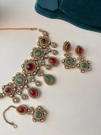Princess Jasmine Turkish Necklace With Mang Tikka & Earrings (Ruby & Turquoise)