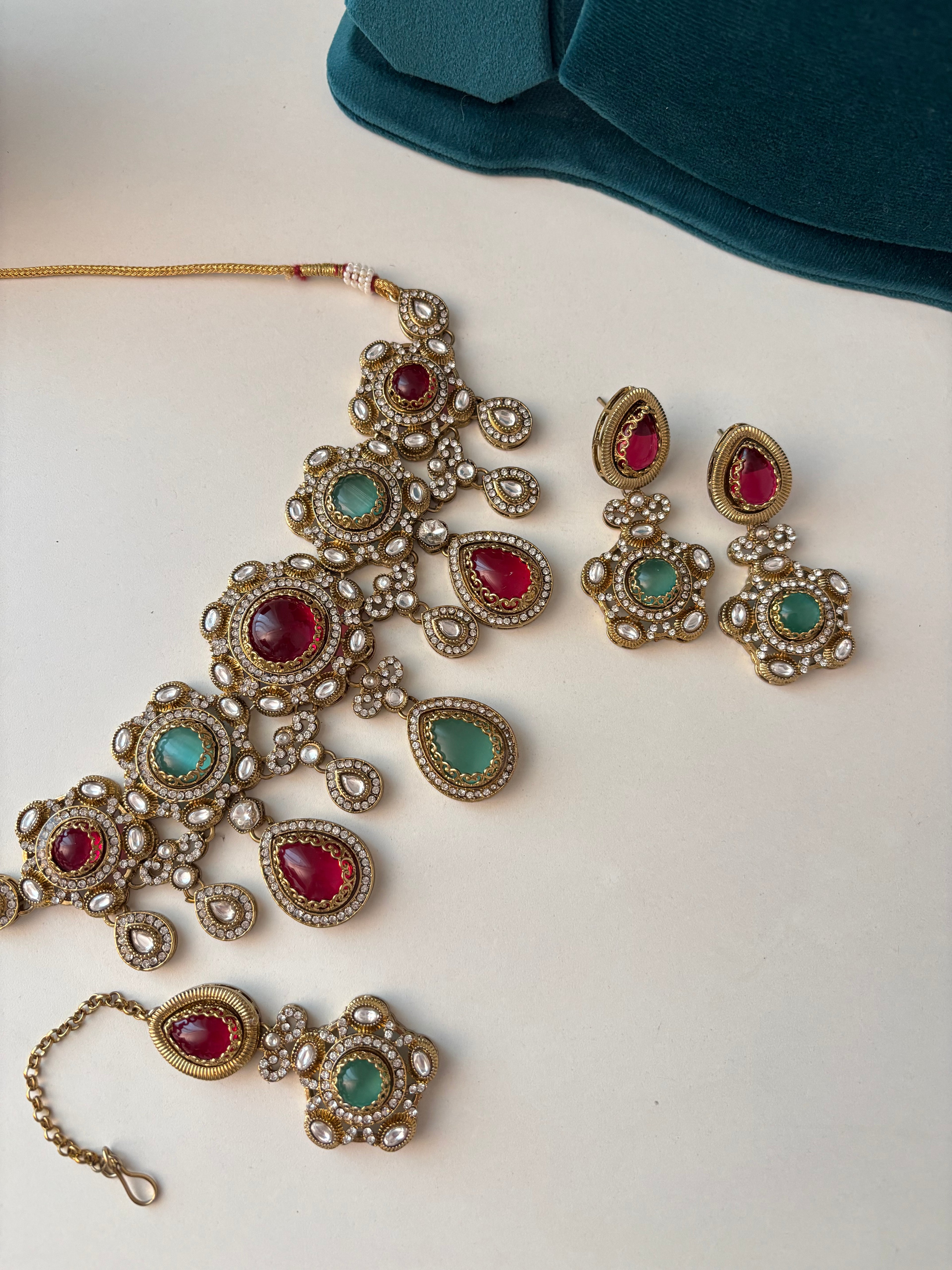 Princess Jasmine Turkish Necklace With Mang Tikka & Earrings (Ruby & Turquoise)