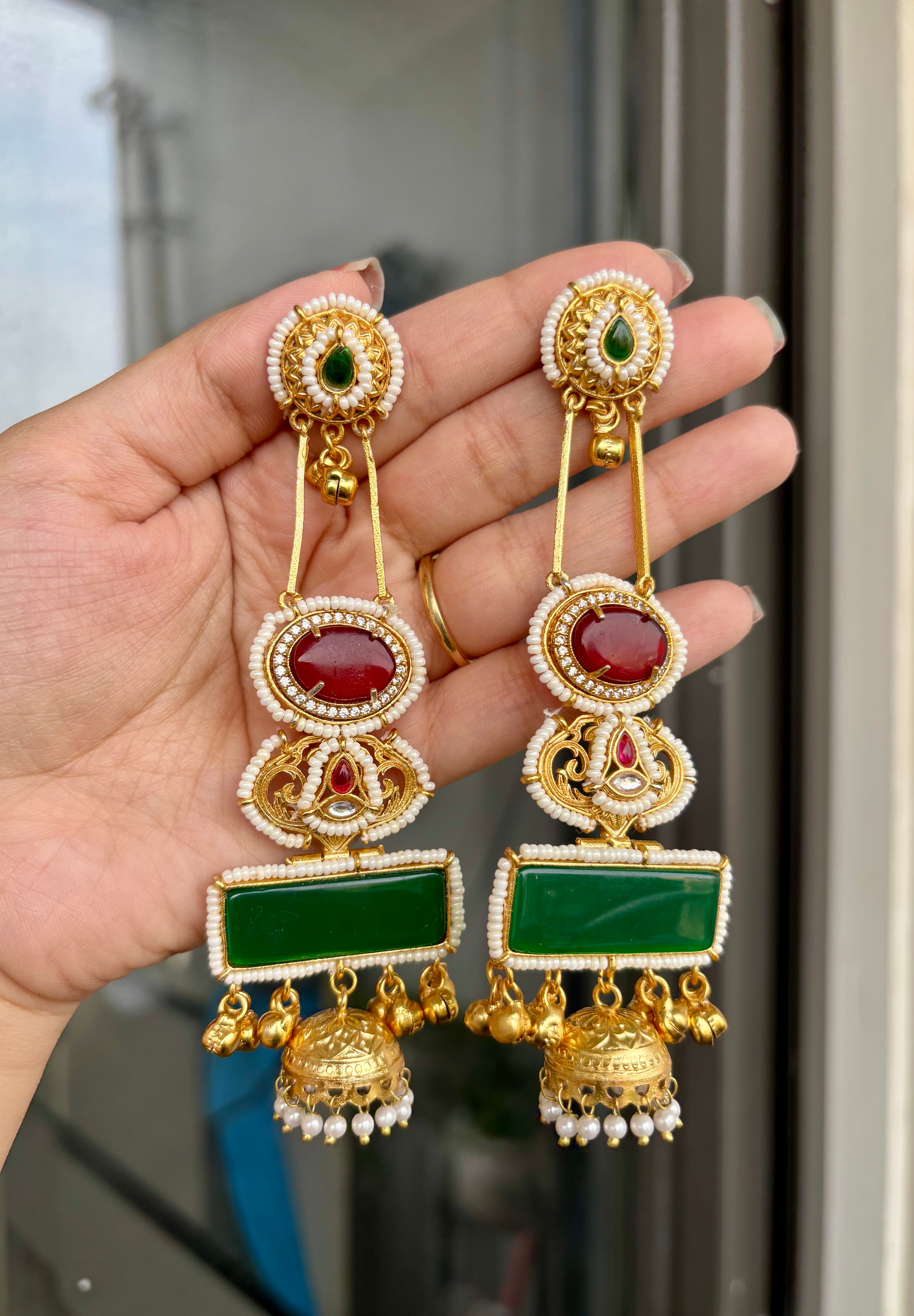 Pankhuri Designer Brass Earrings (Maroon & Green Mix)