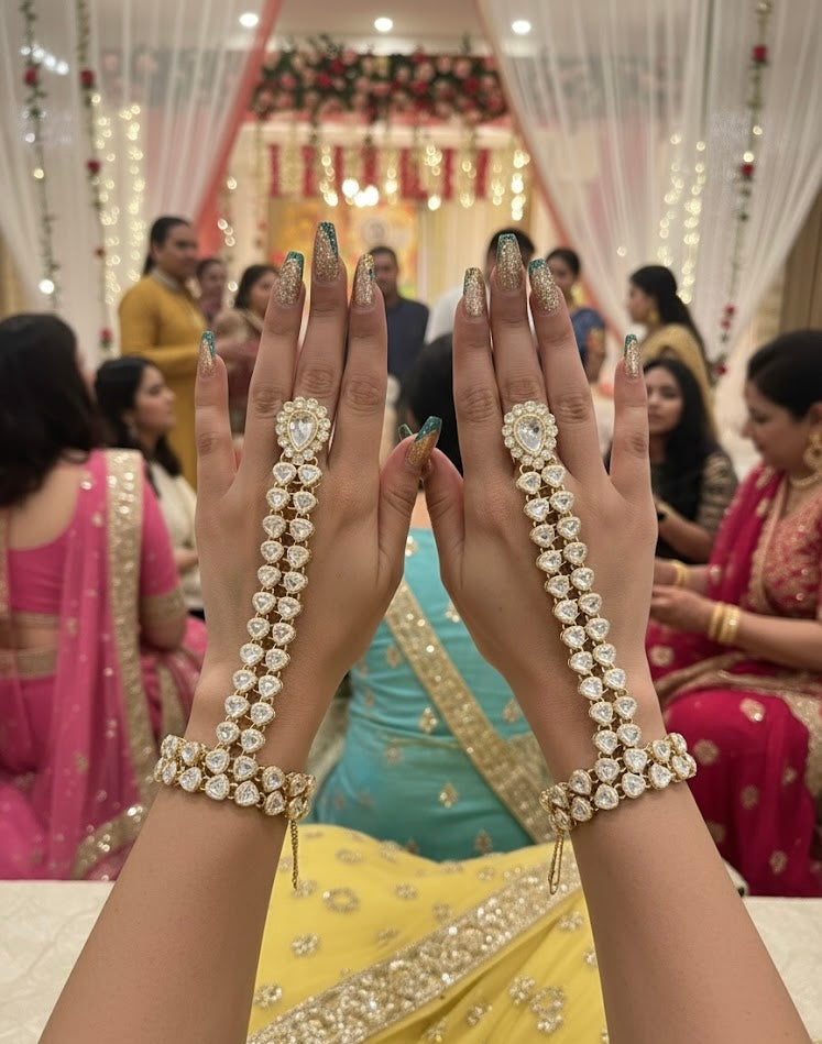 High Quality Designer Kundan Dupe Adjustable Hathphool Pair