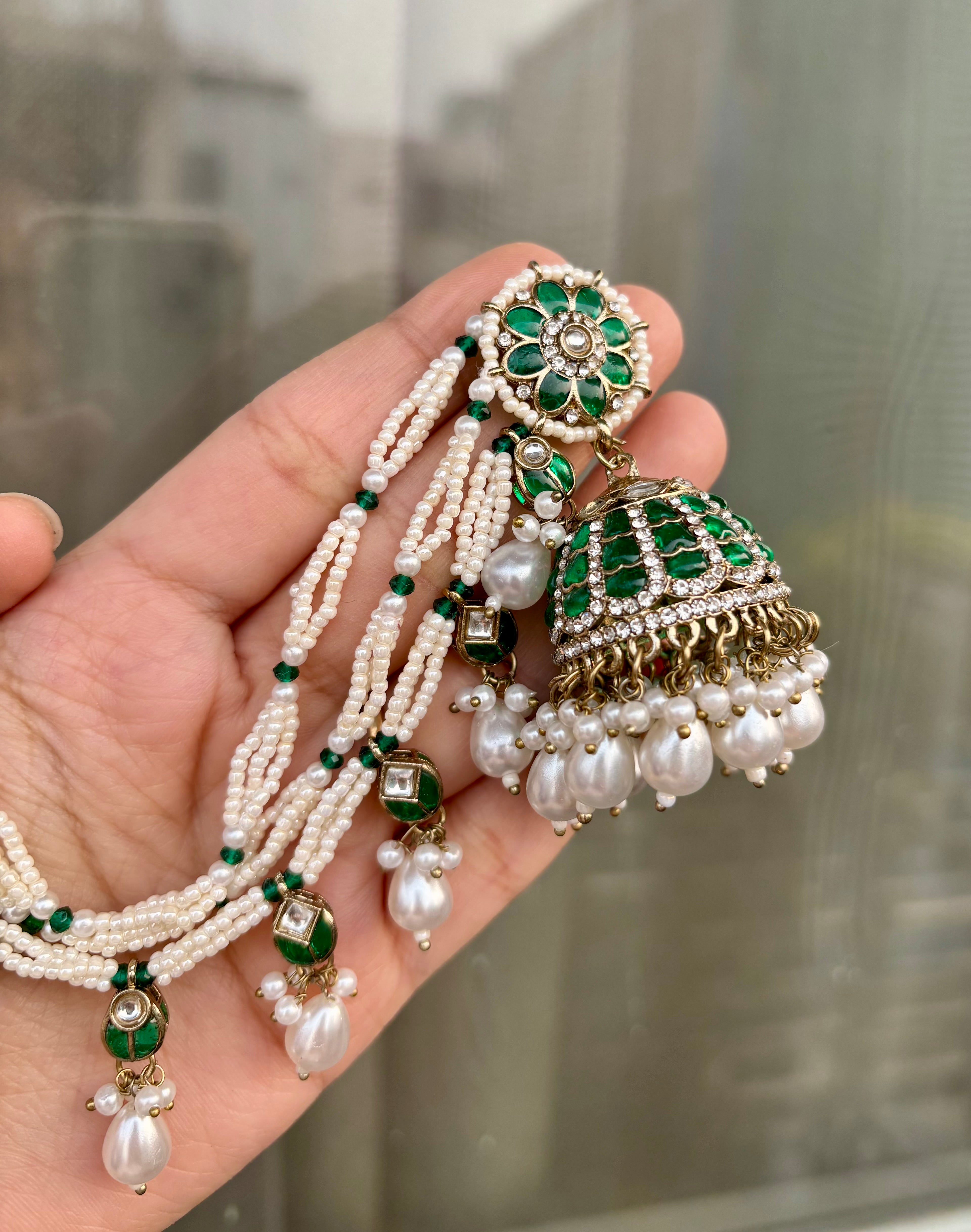 Sunpreet Green Pearls & Stones Touch Work Jhumkas With Side Layers