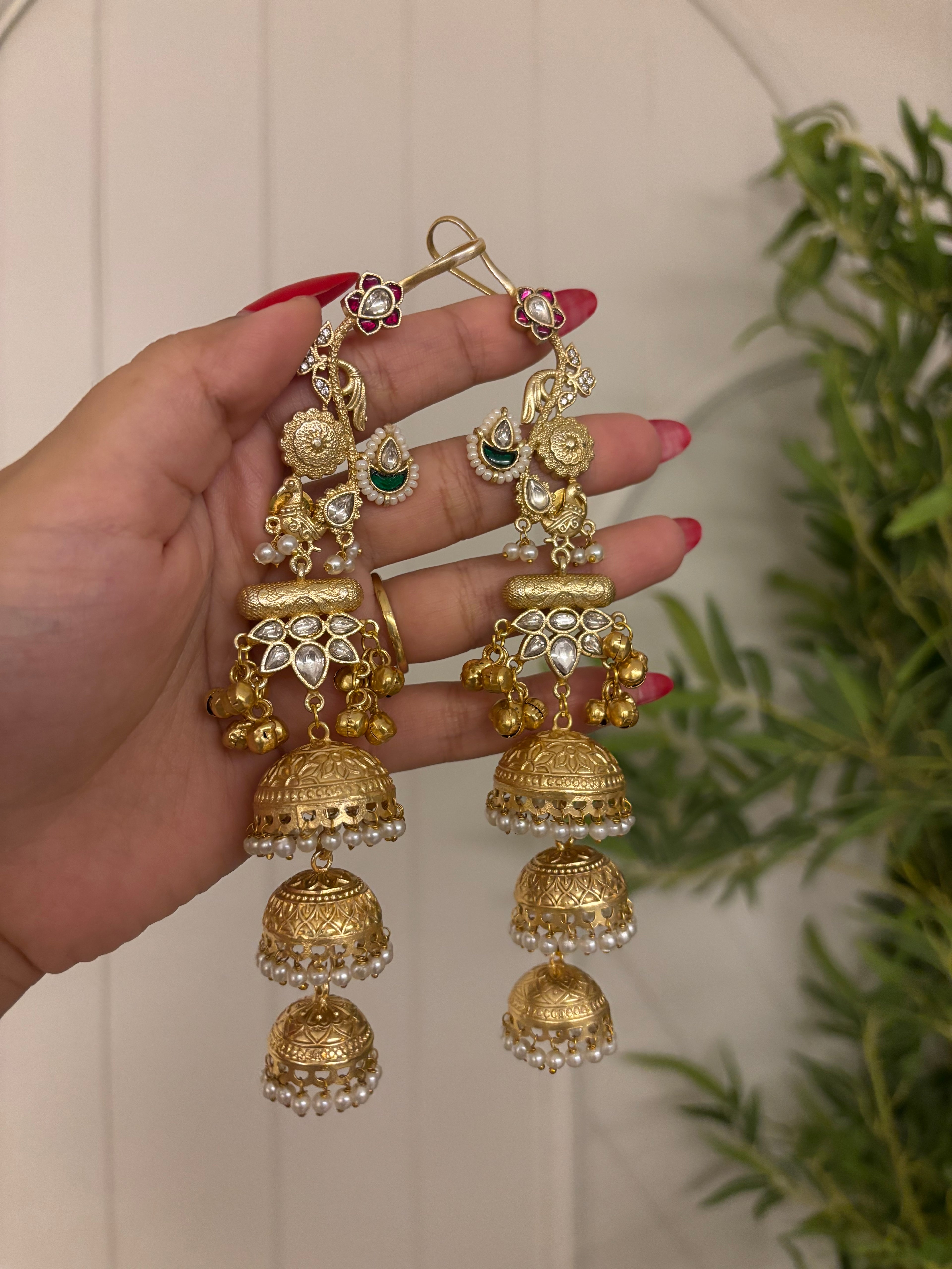 Mayuri Red & Green Combination Earcuff With 3 Layer Jhumkas