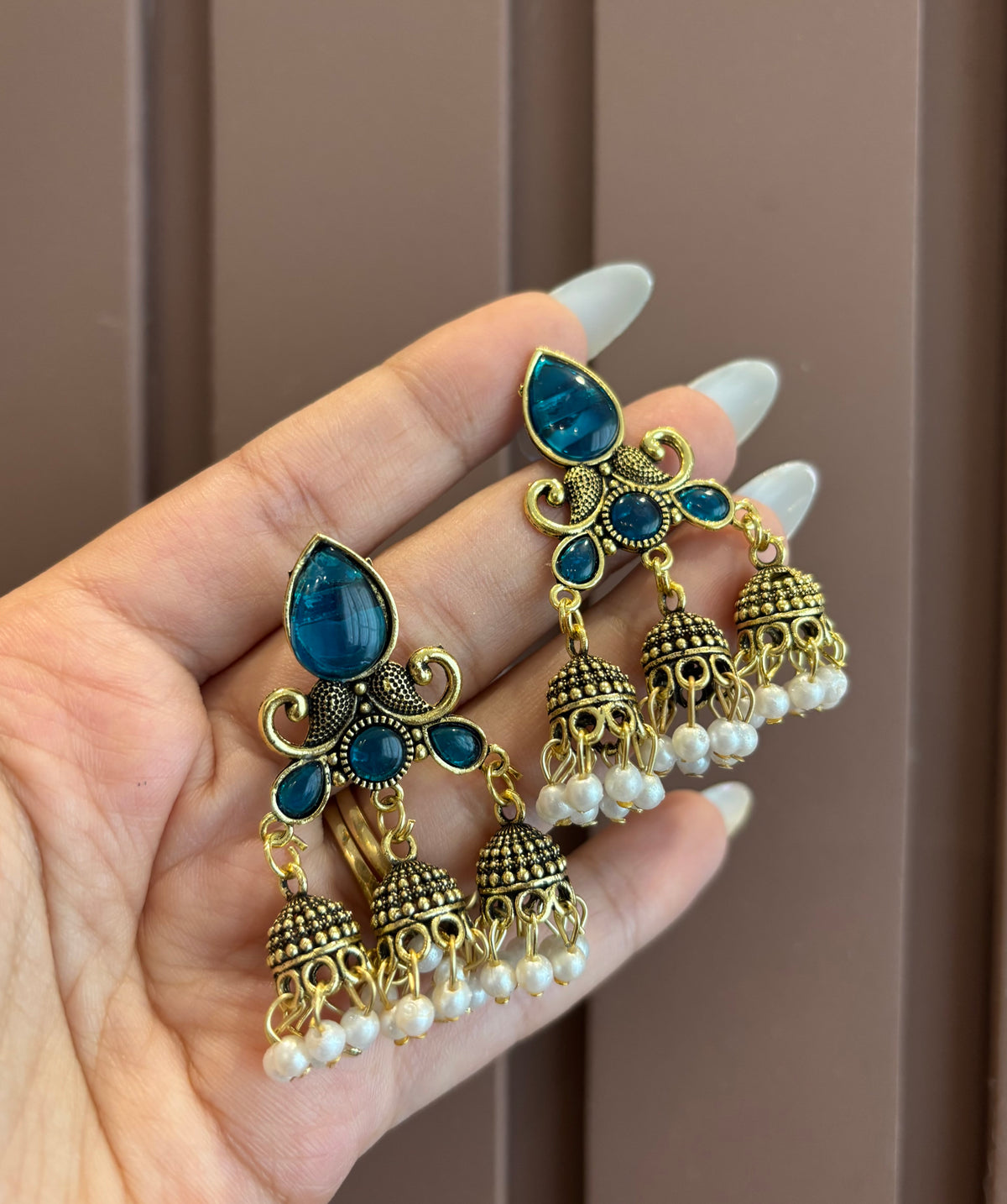 Dipti 3 Jhumki Touch Earrings (Blue)